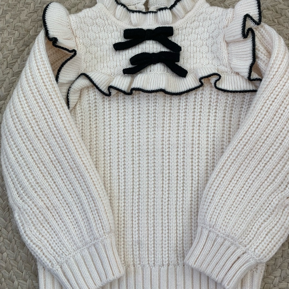 Janie and Jack Ivory Sweater with Black Bow Details